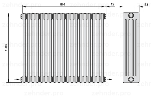 Схема (чертеж) Радиатор Zehnder Charleston 5150/19 №2670 Белый глянцевый RAL 9016